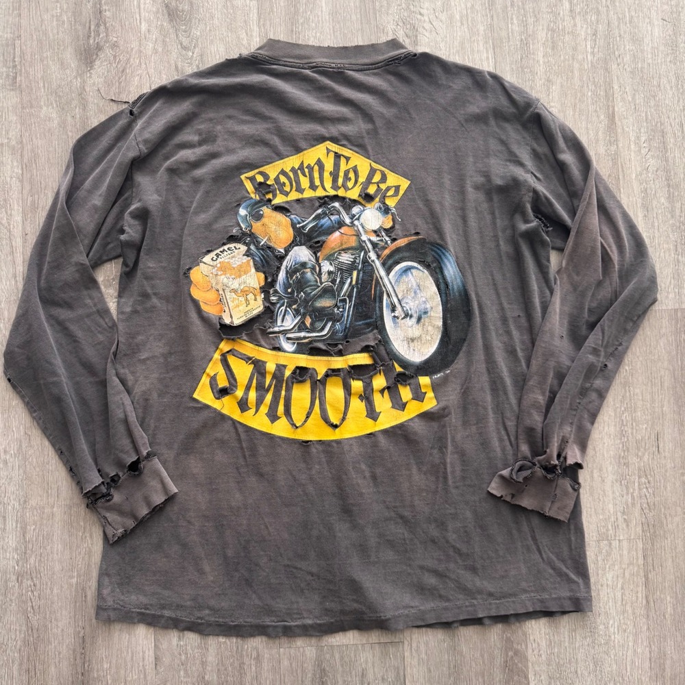 Vintage Joe Camel Born To Be Smooth Motorcycle T-Shirt Long Sleeve Distressed L